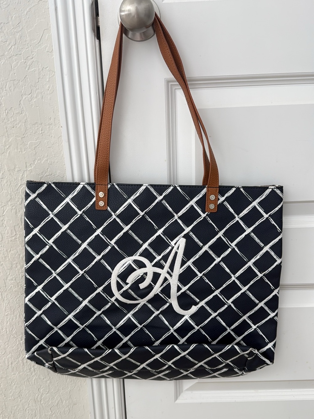thirty-one Navy Tote with White Monogram A and Brown Handles